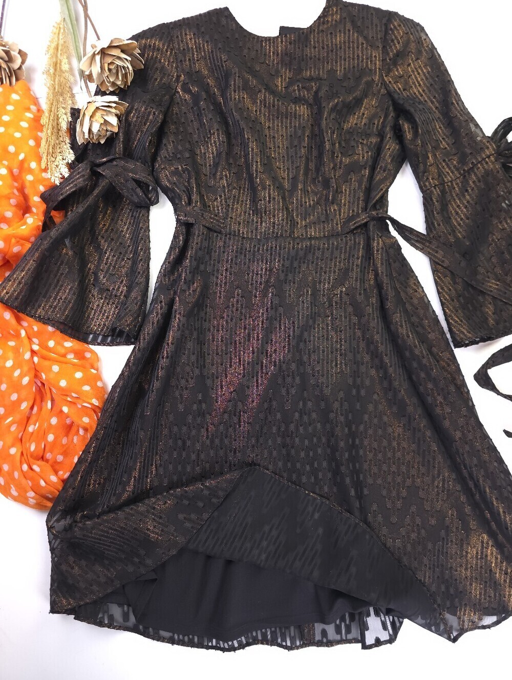 Like New Nine West Black Metallic Fit-and-Flare Dress with Tie Sleeves Sz 6 - Picture 1 of 13